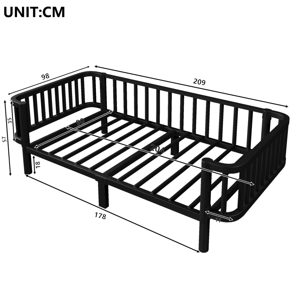 Letto diurno in metallo nero 90 x 200 cm, utilizzabile come divano