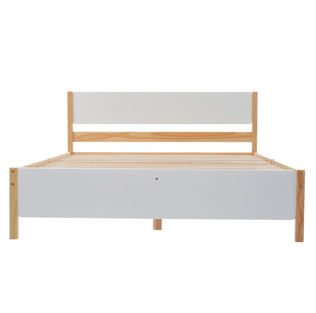 Letto matrimoniale 140x200 cm in legno di pino e MDF con 15 doghe; bianco e naturale