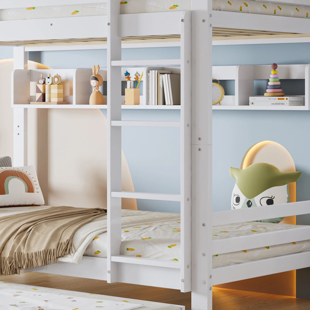Letto a castello per bambini con letto estraibile; scaffale da 2 metri e scala; bianco; 90x200 cm