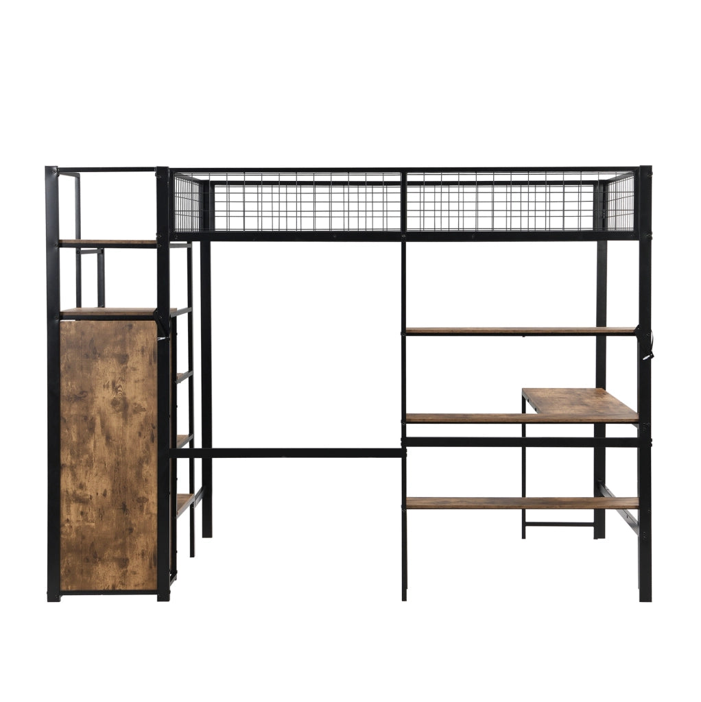 Letto a soppalco 140x200 cm in ferro con scrivania, scaffali e armadio integrato, nero