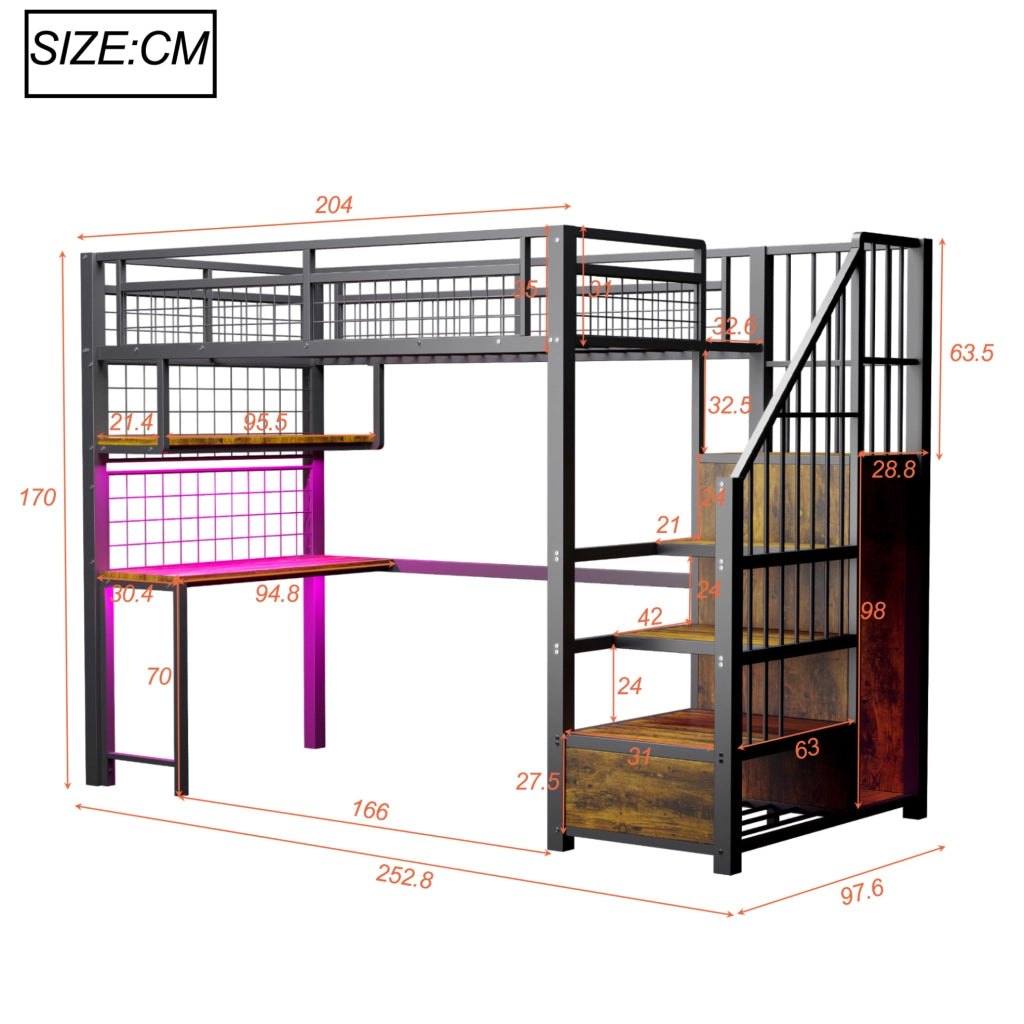 Letto a soppalco 90x200 cm con scrivania, LED e prese in MDF e metallo nero