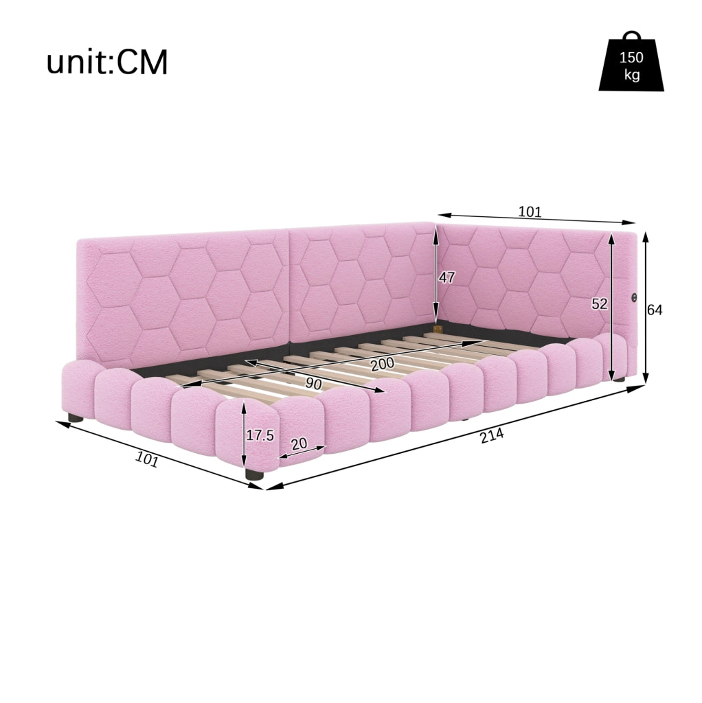 Letto singolo 90x200 cm con LED a 16 colori; USB e USB-C; struttura in MDF; rosa