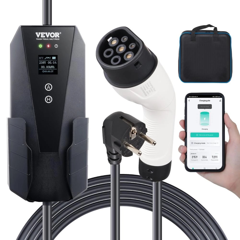 Caricatore EV Portatile Tipo 2 16A 3,68kW Monofase Cavo 8,6m Impermeabile IP66 Schermo LCD con Controllo App per Auto Elettrica