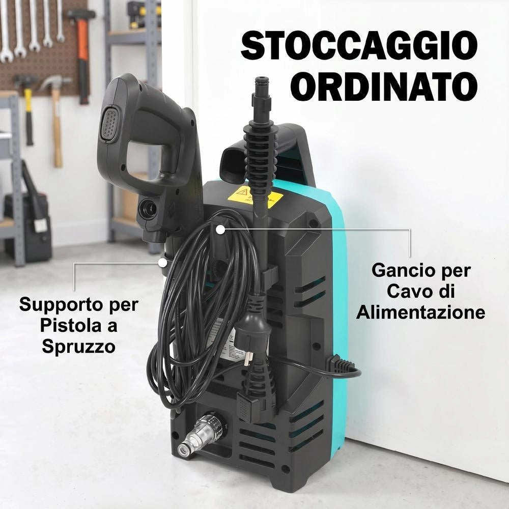 Idropulitrice ad alta pressione 1500W compatta con ugello regolabile e kit pulizia per auto e giardino, 20.5x19x40.4 cm, blu