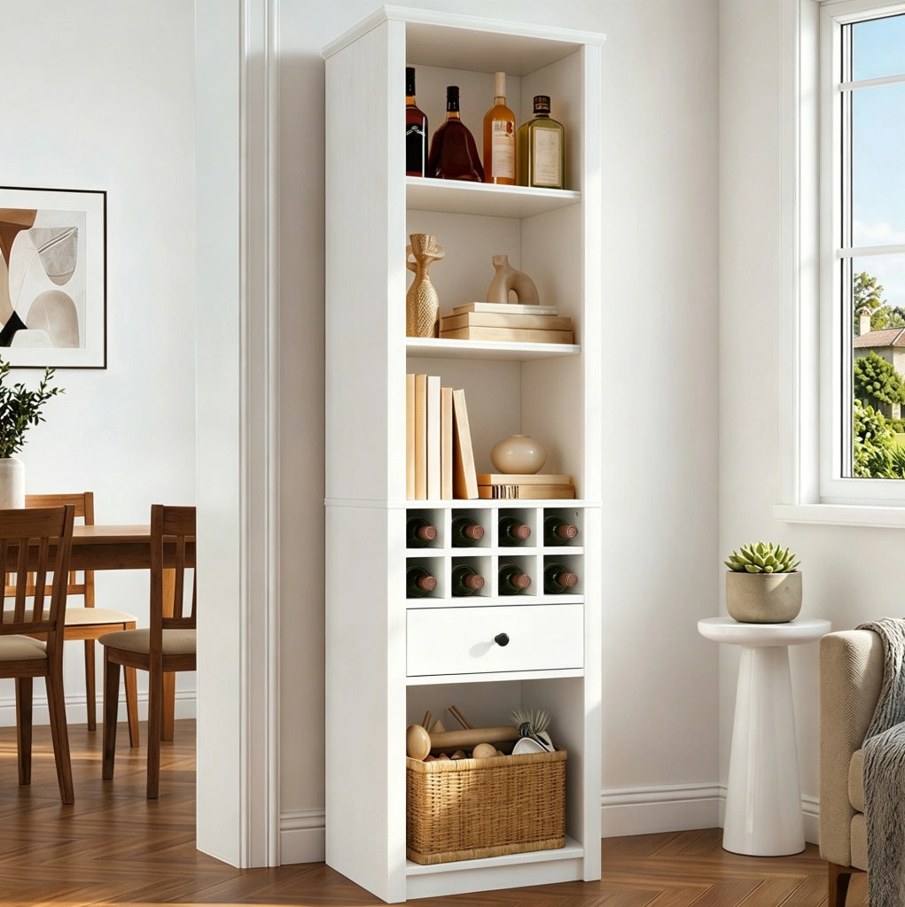 Mobile portavino aperto bianco con illuminazione e cassetto, 55 × 40 × 200 cm