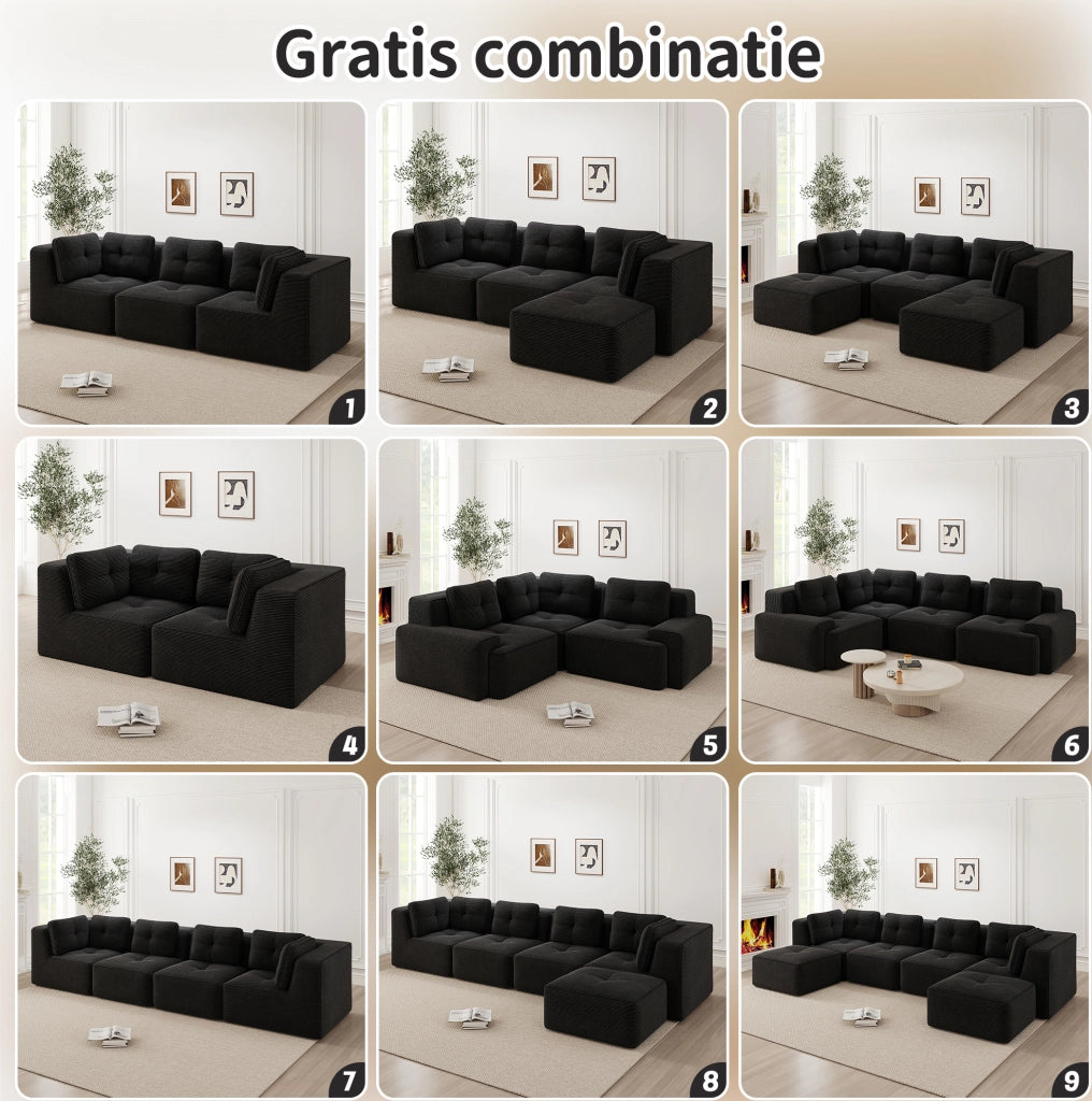 Divano angolare modulare ULEVR 2 posti con poggiapiedi mobile, rivestimento in velluto a coste nero