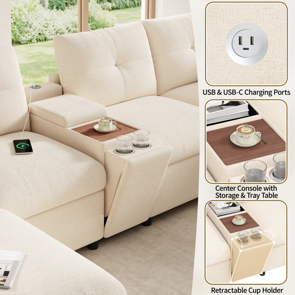 Divano panoramico modulare a 6 posti in chenille beige con console USB Type-C e 2 pouf contenitore 84.5 × 316 × 140 cm