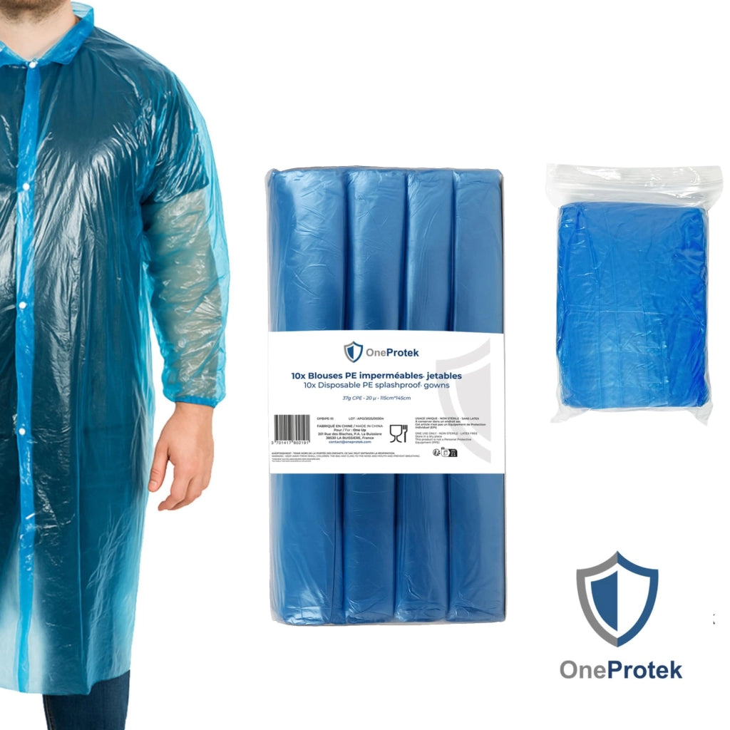 10 pezzi soprabiti monouso impermeabili, giacca protettiva con bottoni a pressione, polietilene riciclabile, robusta e comoda, adatta per contatto alimentare, taglia unica, blu