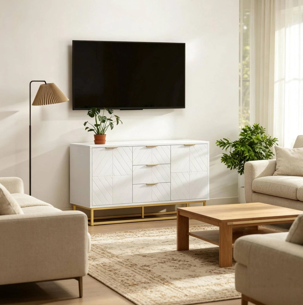 Credenza bianca e dorata con 2 vani e 3 cassetti