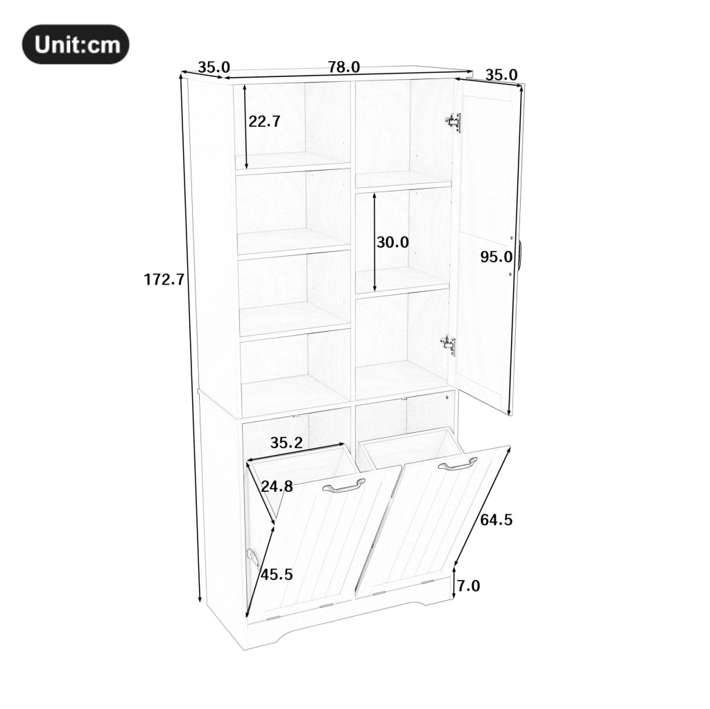 Mobile da bagno in MDF grigio 78x35x172 cm con doppio cestino per biancheria e ripiani regolabili