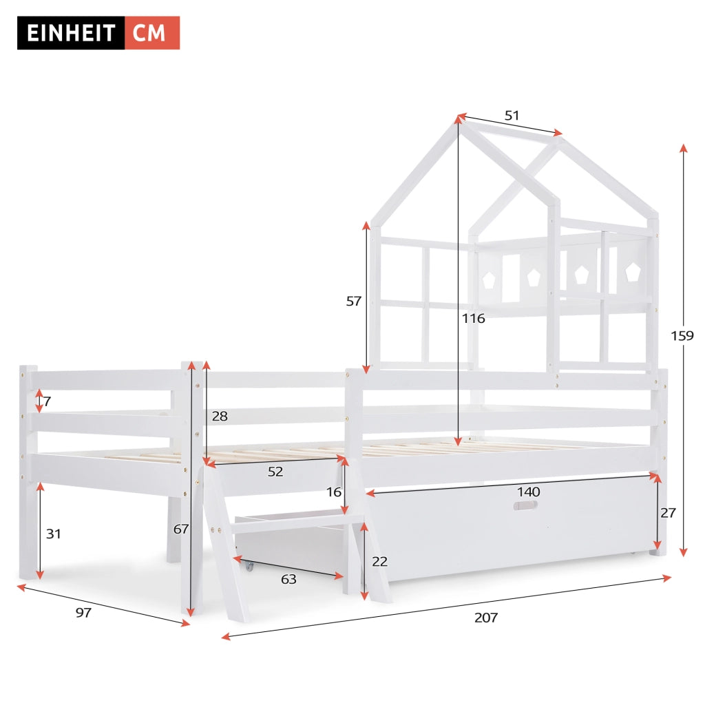 Letto per bambini a soppalco bianco 90x200 cm con scala