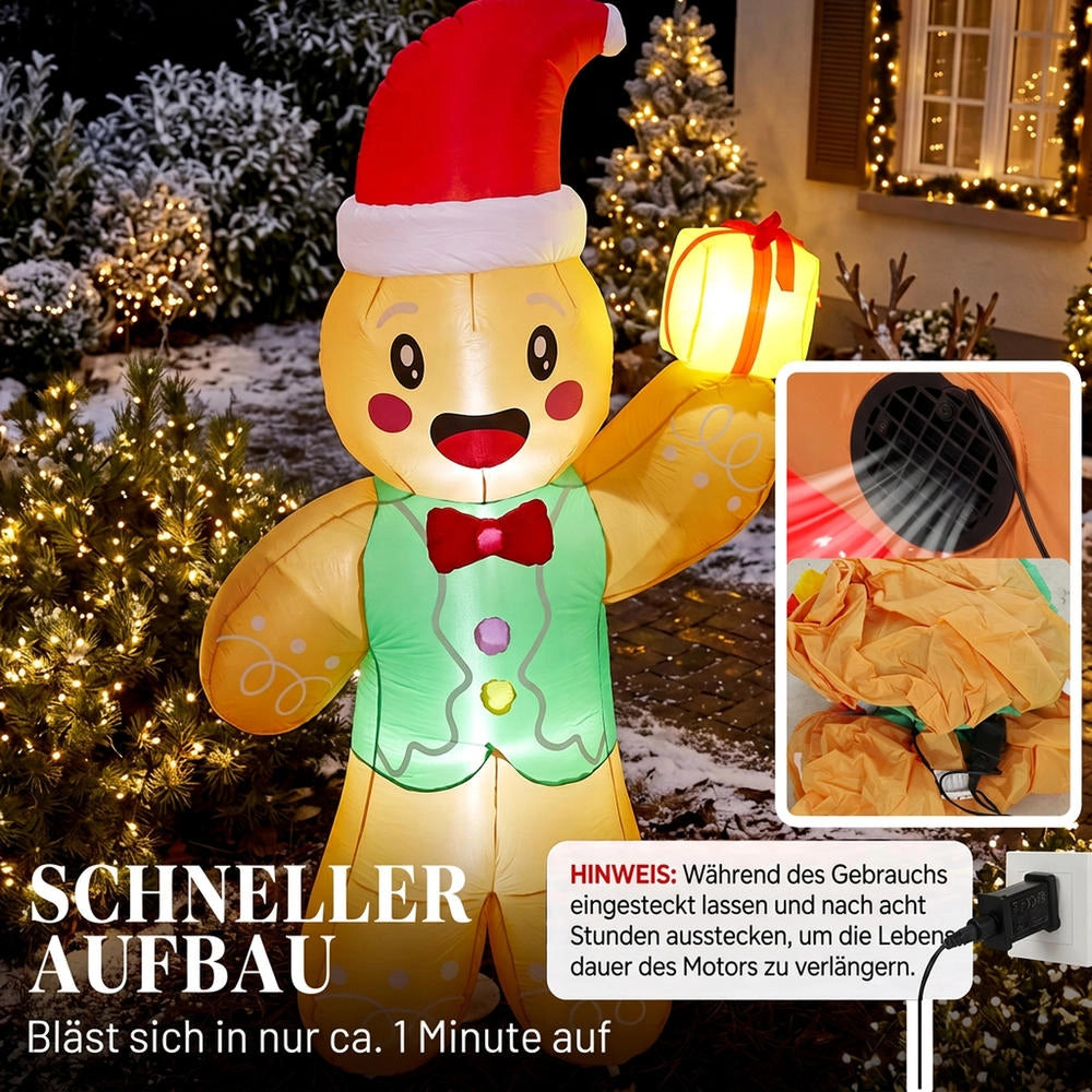 Omino di Pan di Zenzero Gonfiabile Natalizio con Pacco Regalo e Luci LED per Giardino ed Esterno 2,5 m