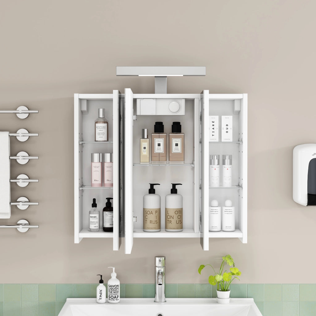 Armadietto a specchio da bagno 60 cm bianco con LED e 3 ante