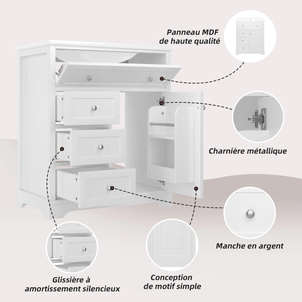 Mobile bagno moderno 76x46x87 cm con lavandino in ceramica, struttura MDF verniciata resistente all’umidità, 4 cassetti silenziosi, bianco
