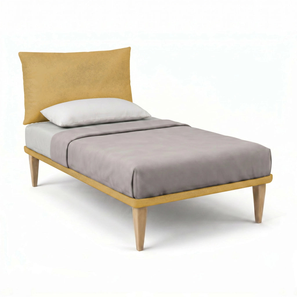 Letto Singolo con Rete Rivestita 80x190 cm Microfibra Ocra Tessis Testata Soft