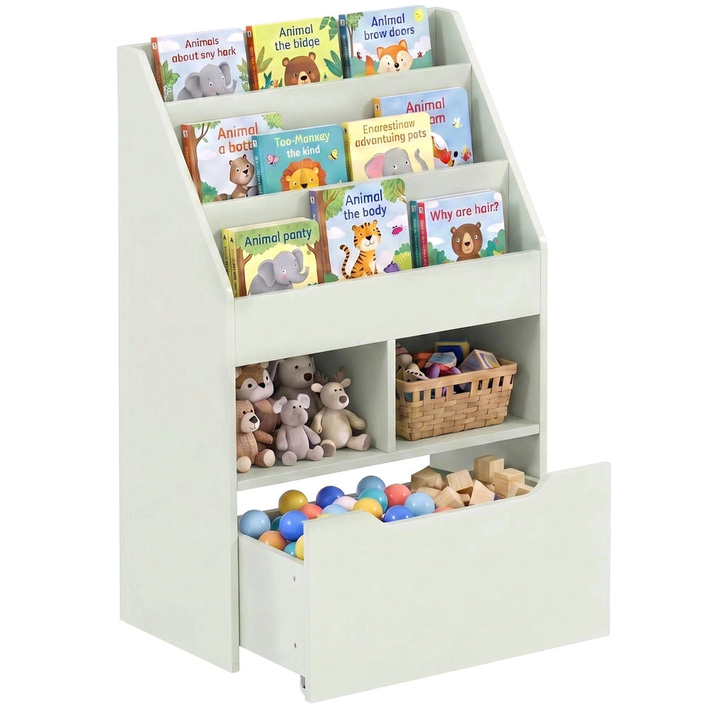 Libreria Scaffale Multiuso per Bambini in Legno Verde Chiaro con 3 Ripiani 2 Vani e Grande Cassetto Salvaspazio per Cameretta