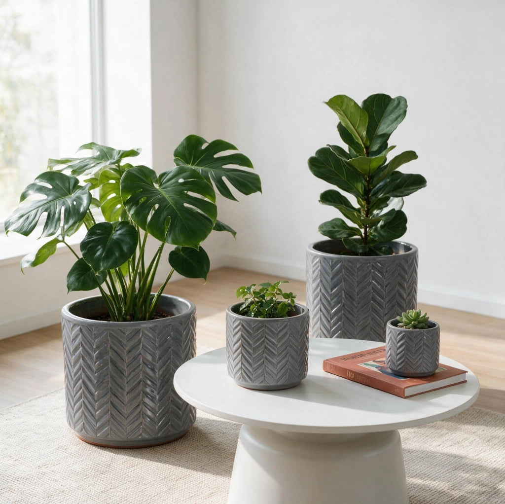 Set di 4 vasi per piante IVMEU in ceramica grigio cenere, ? 38/31,5/24,5/20 cm, con rilievo a spina di pesce