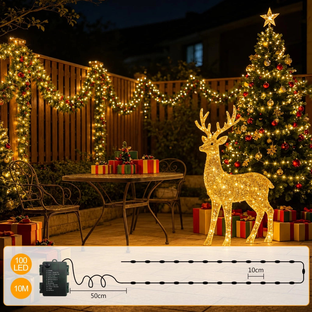 Catena luminosa natalizia, 10 metri, 100 LED, cambio colore, alimentazione a batteria