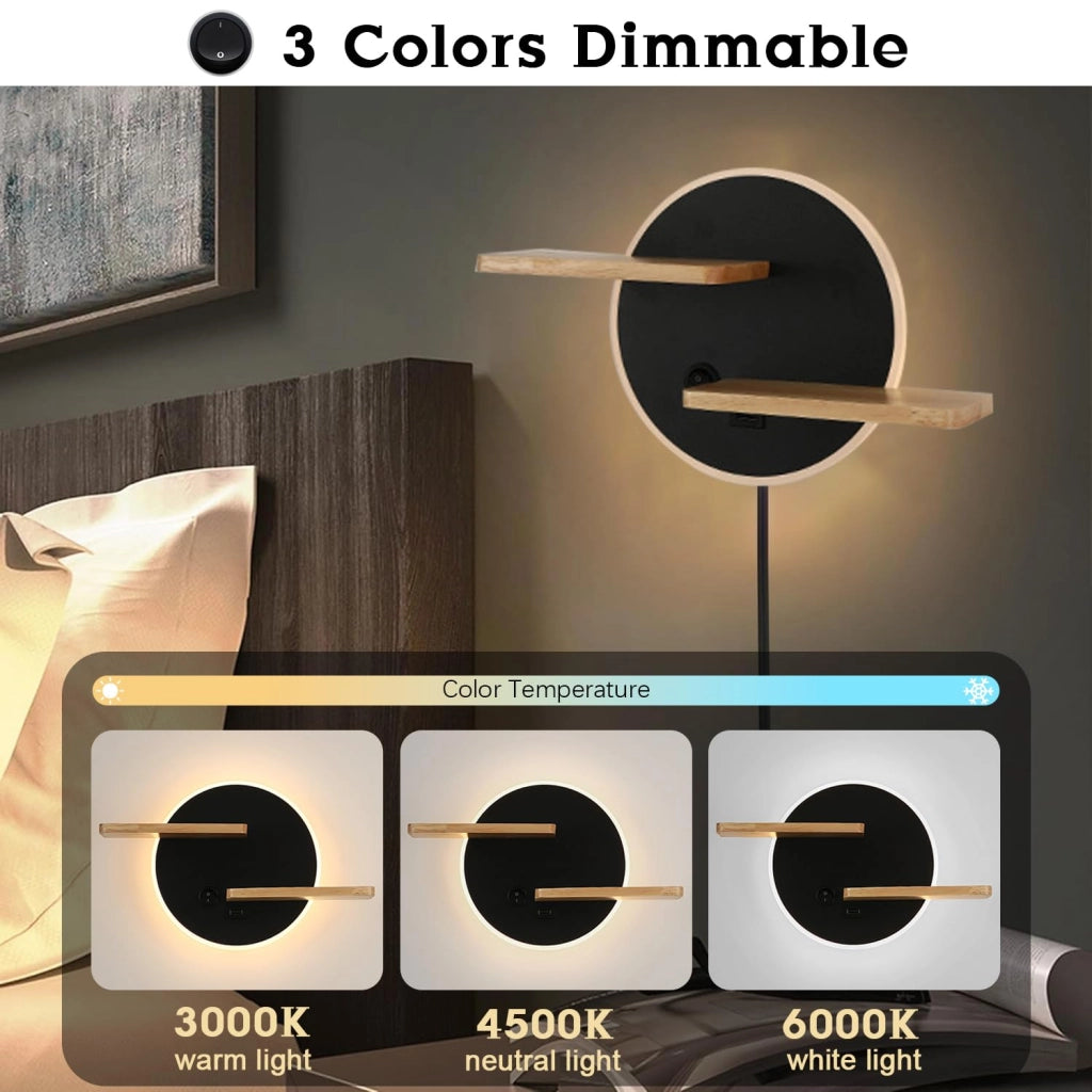Applique LED con interruttore, dimmerabile, porta USB, luce da lettura, lampada da comodino, nera, per camera da letto, soggiorno, cameretta
