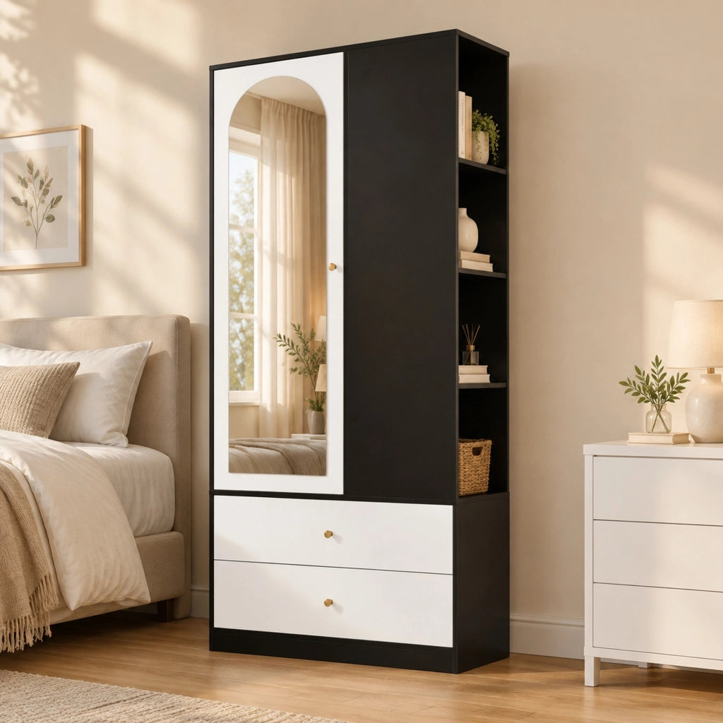 Armadio guardaroba 80x40x180 cm con specchio; 2 cassetti e 4 ripiani; bianco e nero