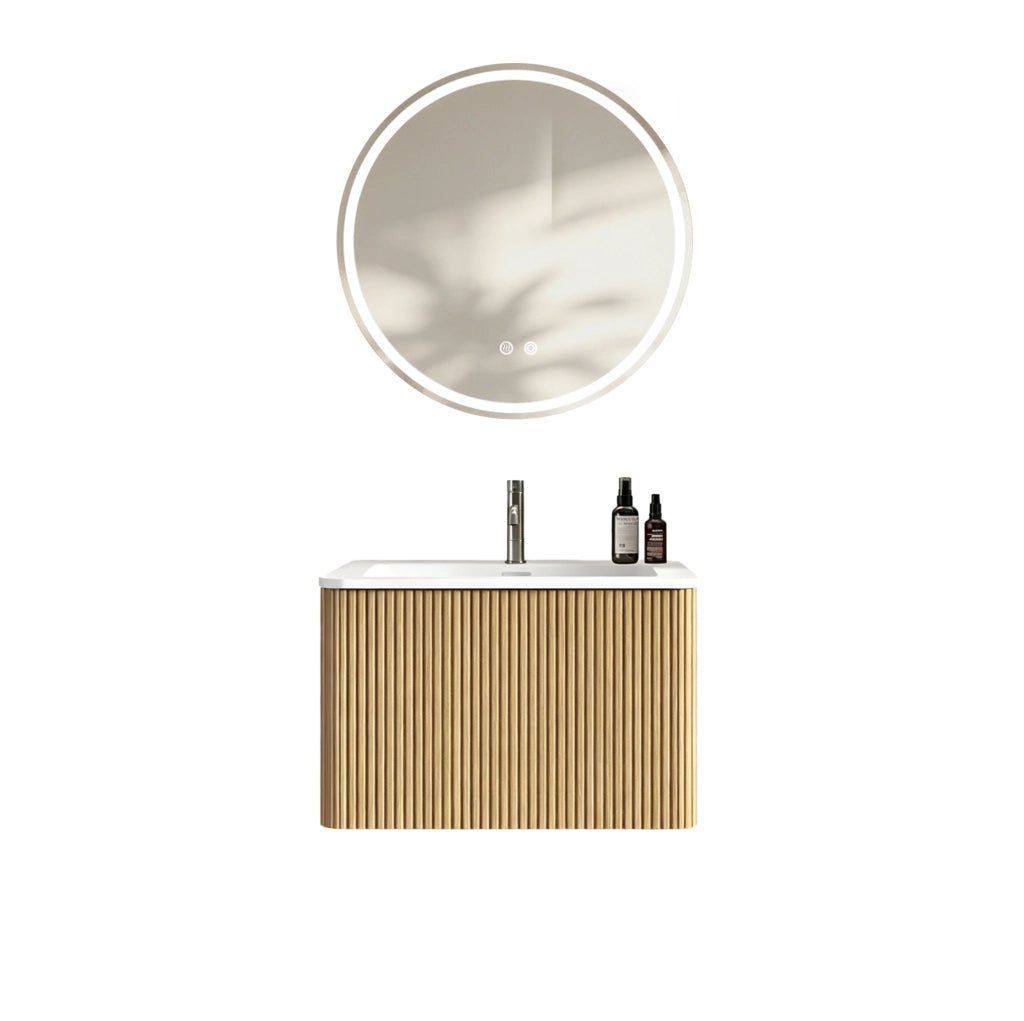 Mobile bagno sospeso 60 cm con lavabo integrato in materiale sintetico e specchio LED rotondo regolabile, finitura noce