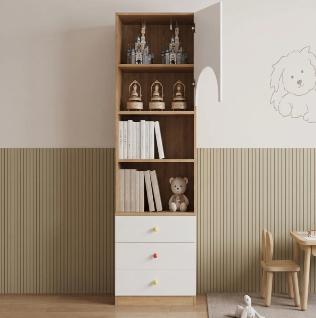 Libreria con anta e tre cassetti, bianca ed effetto legno, 50 × 50 × 200 cm