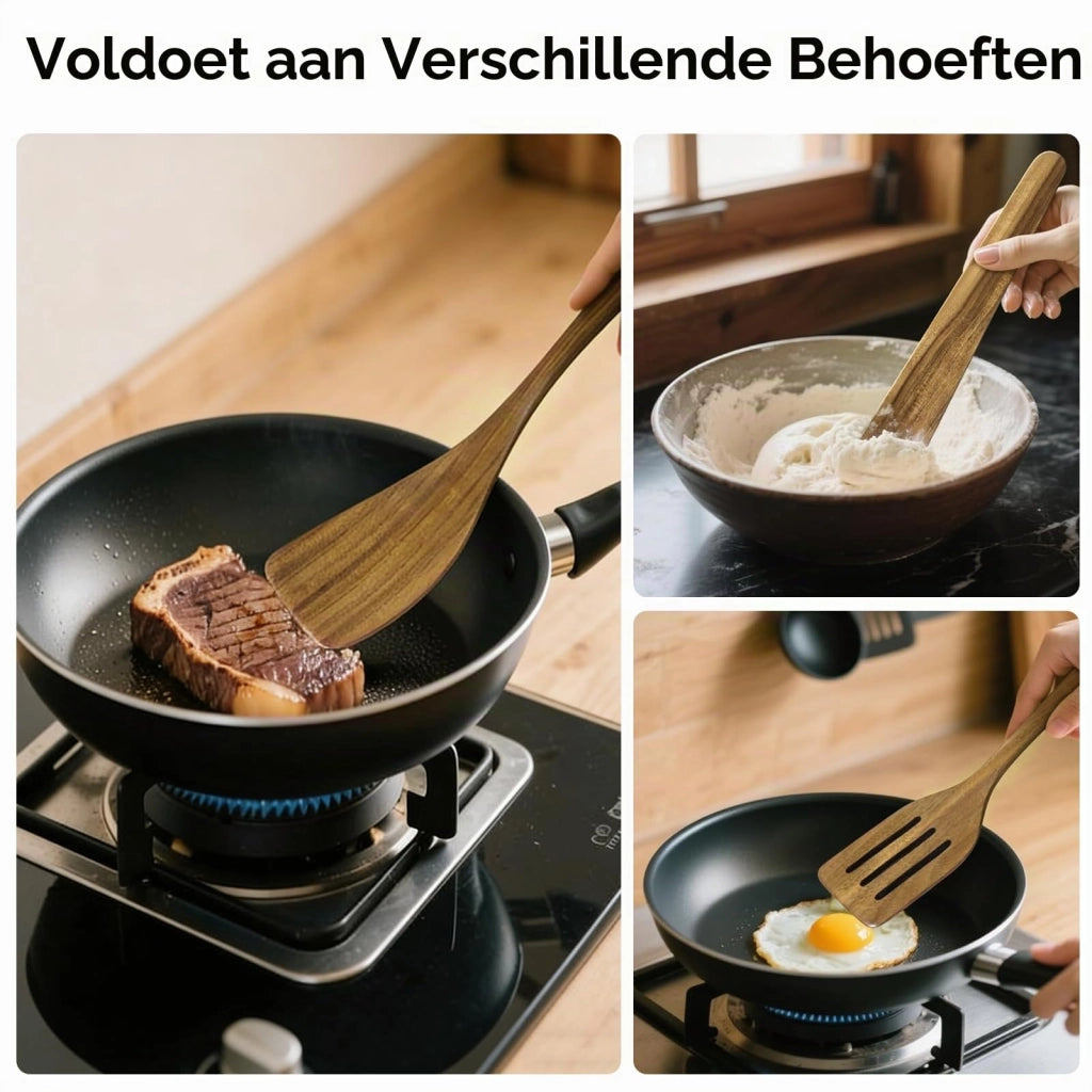Set di 5 utensili da cucina in legno, realizzati in legno di acacia, composto da spatola e cucchiai