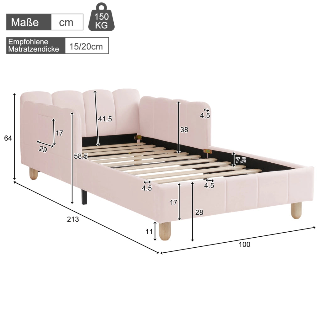 Letto in velluto rosa con testiera inclinata e gambe in legno di gomma