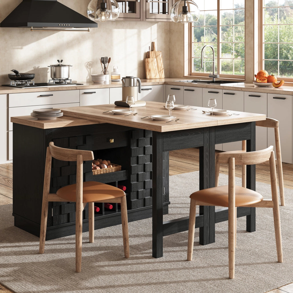 Isola da cucina girevole 120–197 × 40 × 74,2 cm con tavolo estraibile porte patchwork e portabottiglie nero
