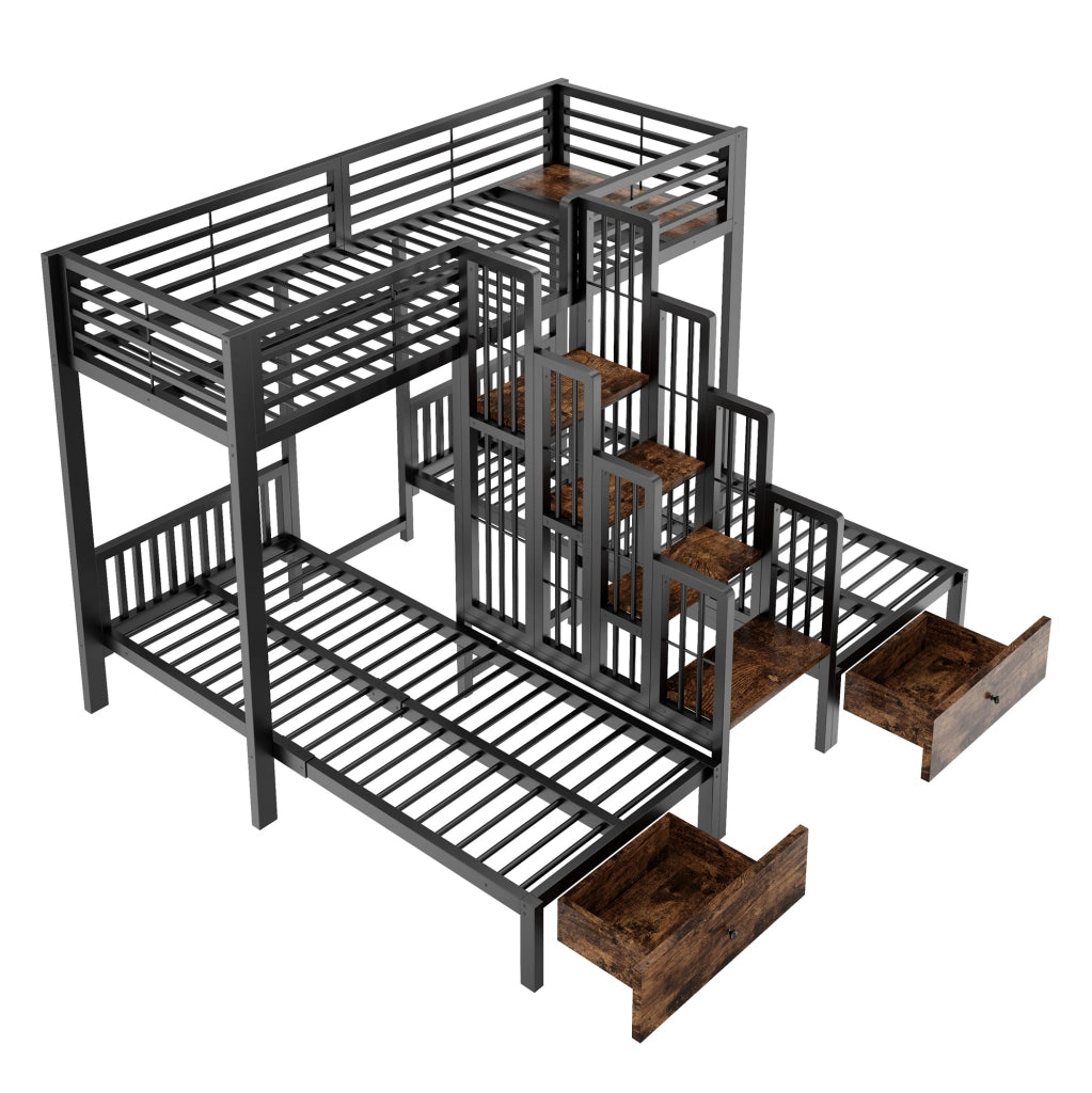 Letto a castello triplo 90 x 200 cm in metallo e legno nero con scala e 2 cassetti