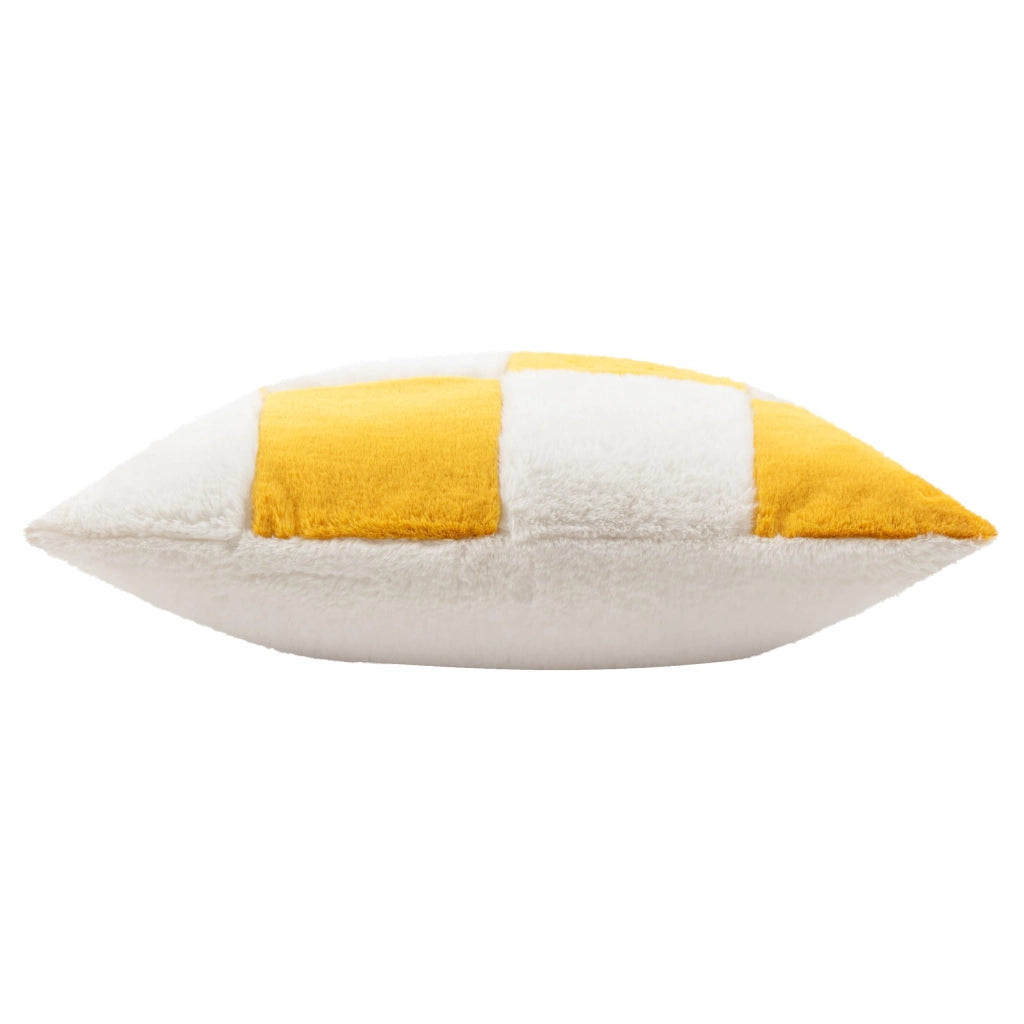 Cuscino in ecopelliccia, motivo a quadri, giallo, 50x50 cm, con cerniera