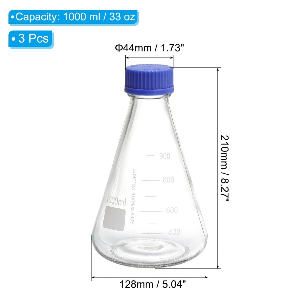 Set di 3 beute Erlenmeyer da 1000 ml, in vetro borosilicato, con collo stretto