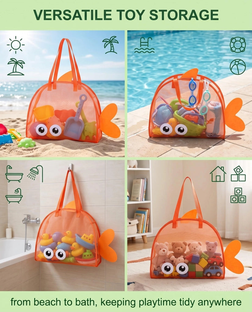 Borsa a rete per spiaggia e giochi, arancione, a forma di pesce, 1 pezzo, pieghevole