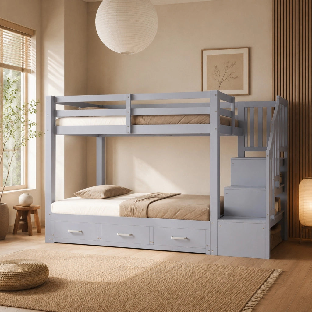 Letto a castello ULEVR 90x200 cm con letto estraibile 90/180x190 cm, 3 cassetti e scala contenitore, grigio