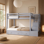 Letto a castello ULEVR 90x200 cm con letto estraibile 90/180x190 cm, 3 cassetti e scala contenitore, grigio