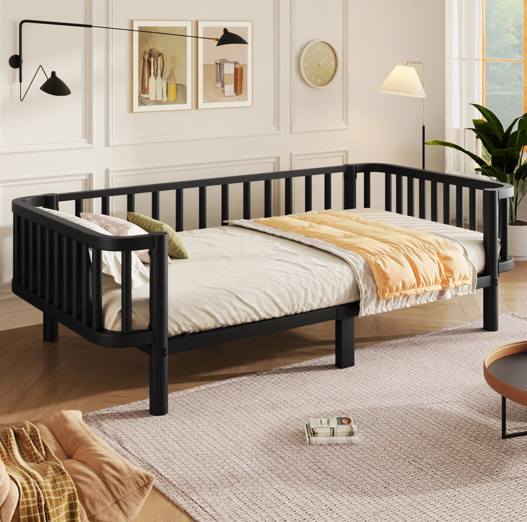 Letto diurno in metallo nero 90 x 200 cm, utilizzabile come divano