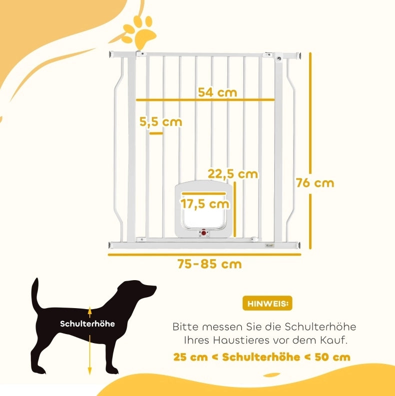 Cancello di sicurezza per scale e porte 75-85 cm in acciaio bianco con gattaiola