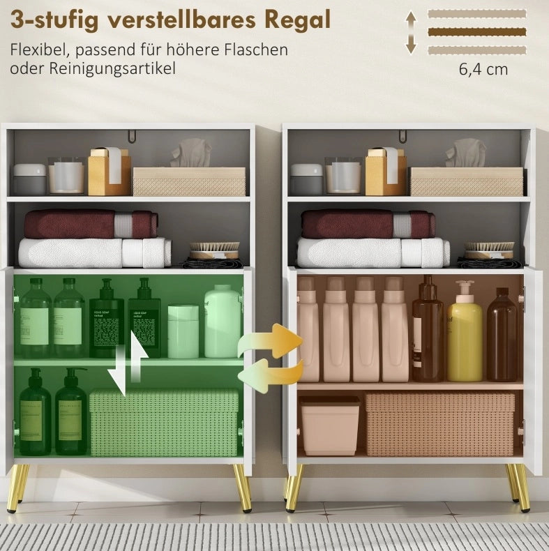 Mobile bagno bianco in MDF con ante soft-close, 2 ripiani aperti e gambe dorate