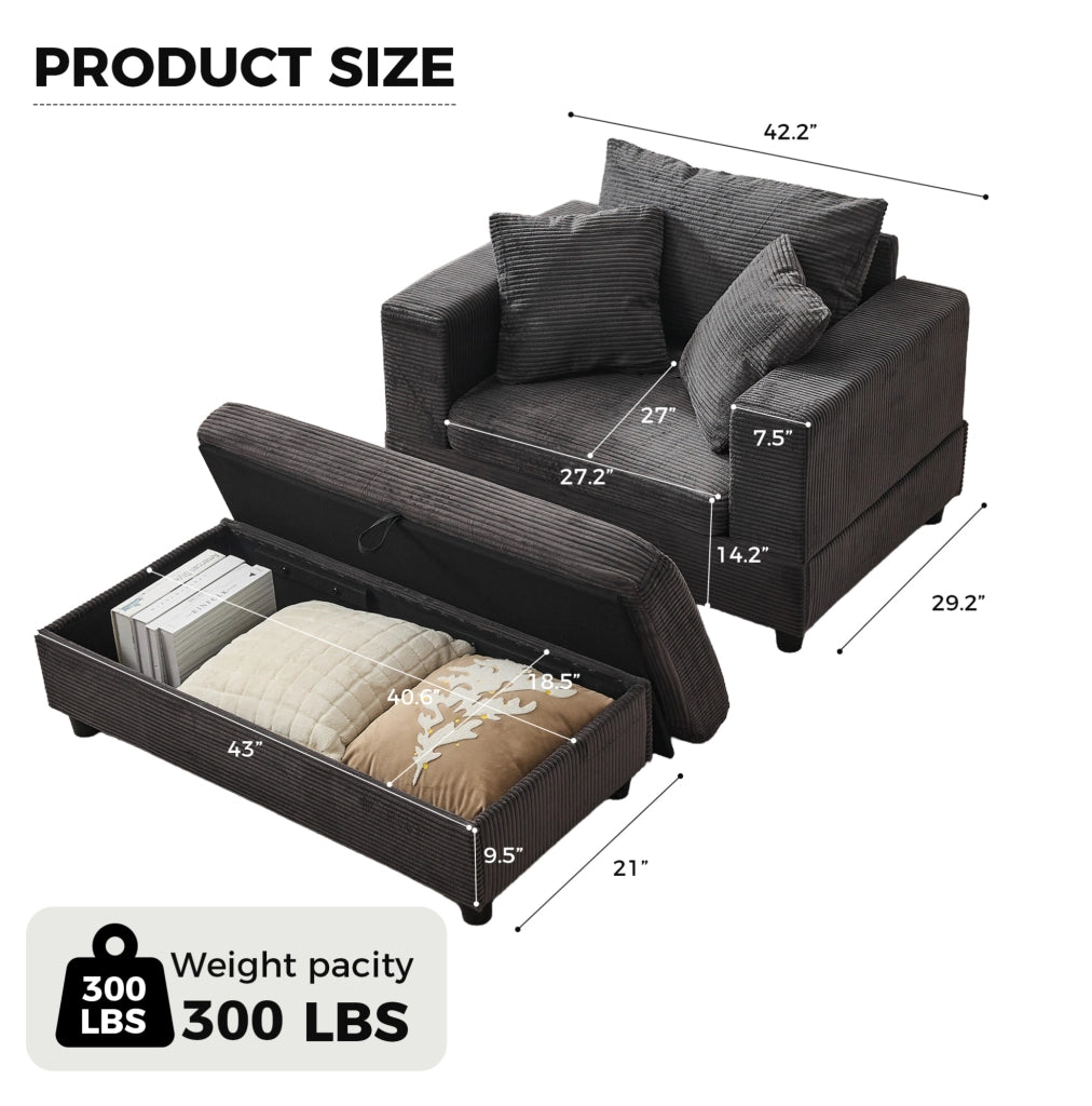 Chaise longue grigia in velluto a coste con vano contenitore