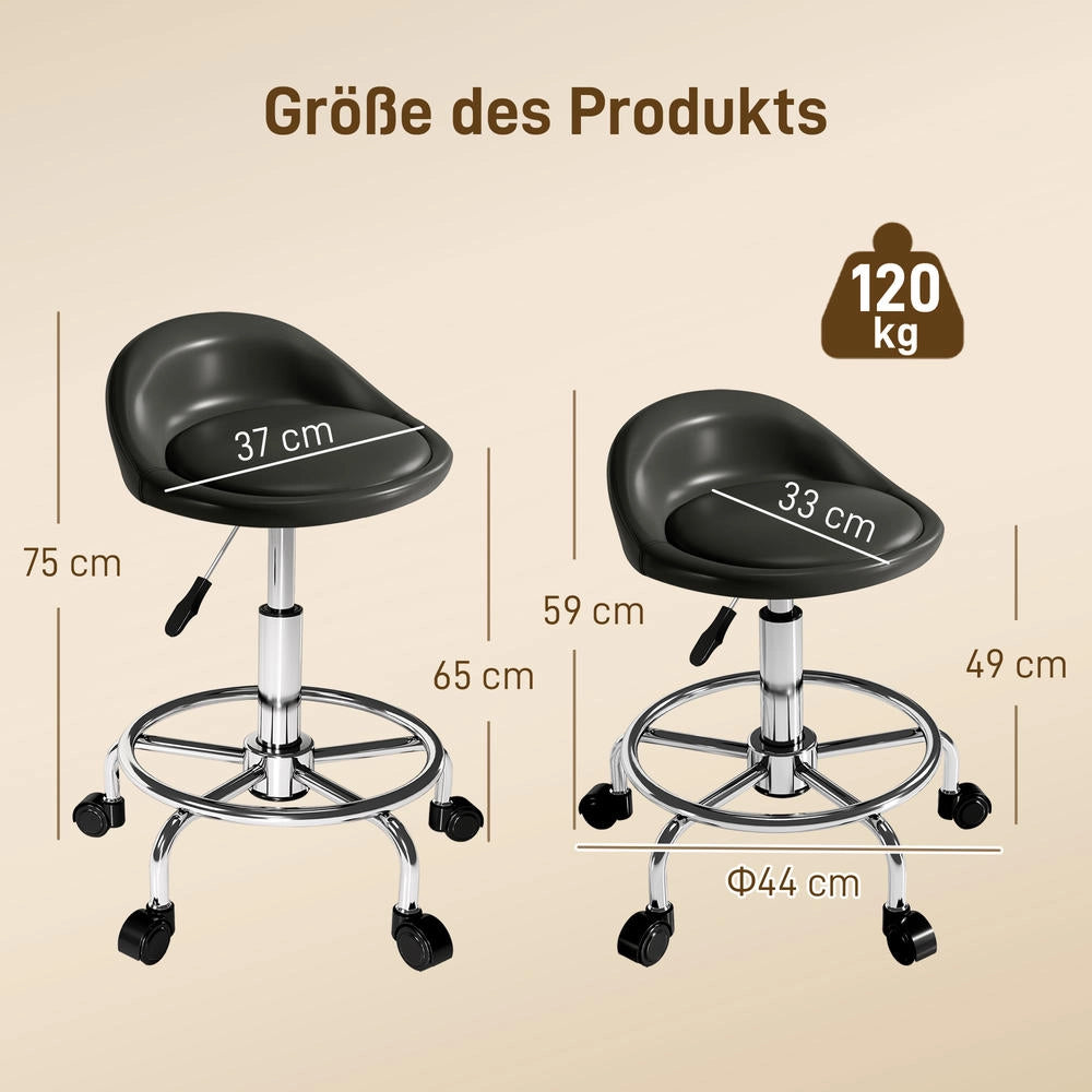 Sgabello con Ruote e Schienale Girevole 360° Regolabile in Altezza 59-75 cm in Ecopelle per Studio Ufficio Casa Nero
