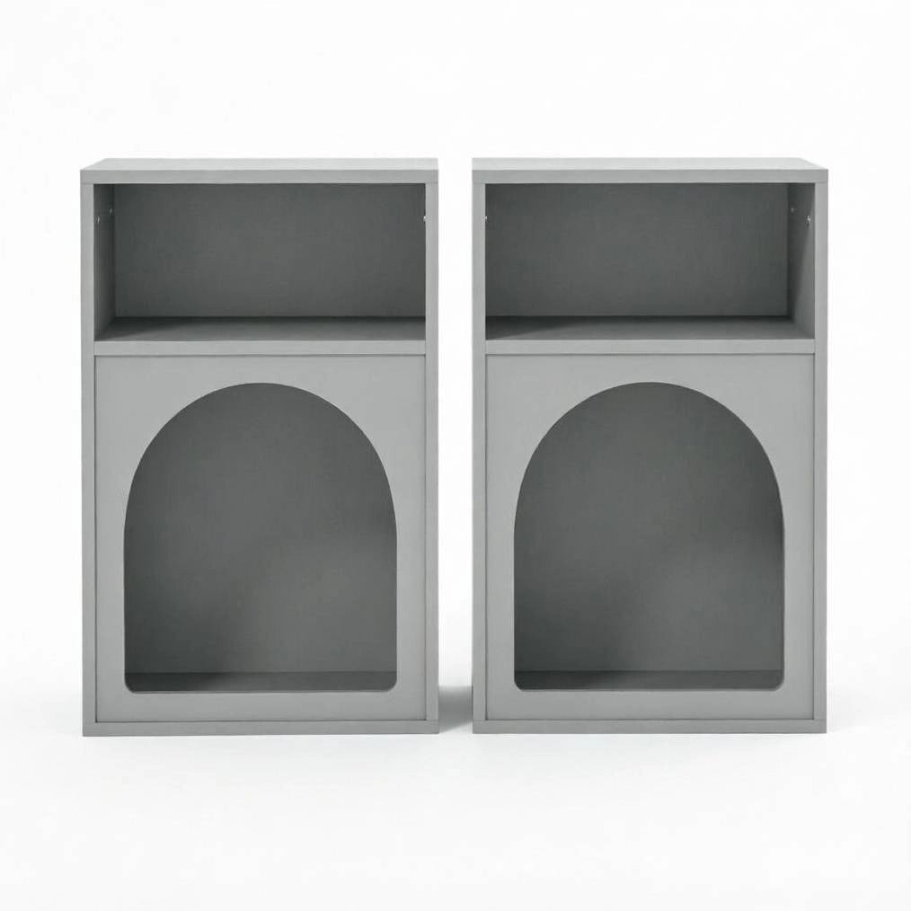 Set di 2 comodini in MDF grigio con doppio ripiano aperto e design curvo, 40x30x60 cm