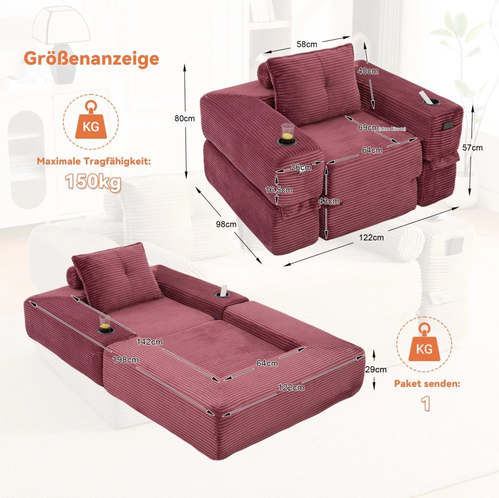 Divano letto pieghevole IVMEU 122 cm in velluto a coste rosso vino, con braccioli rimovibili e portabicchieri