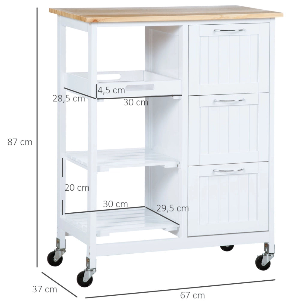 Carrello da cucina IVMEU bianco 67x37x84 cm con 3 cassetti, 2 ripiani aperti, vassoio estraibile e ruote