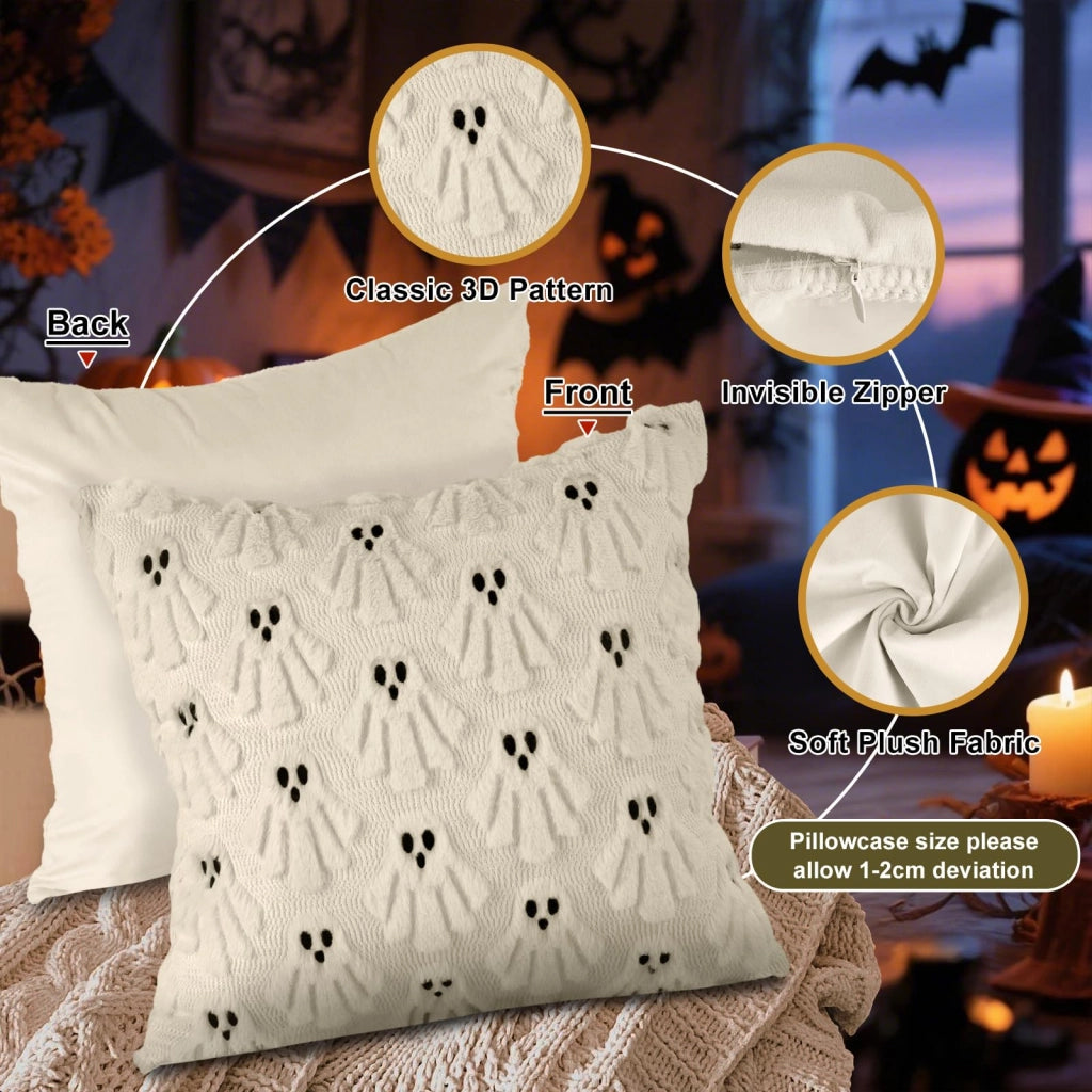 Set di 2 federe per cuscini a tema Halloween, in peluche, 40x40 cm, motivo fantasmi, colore bianco