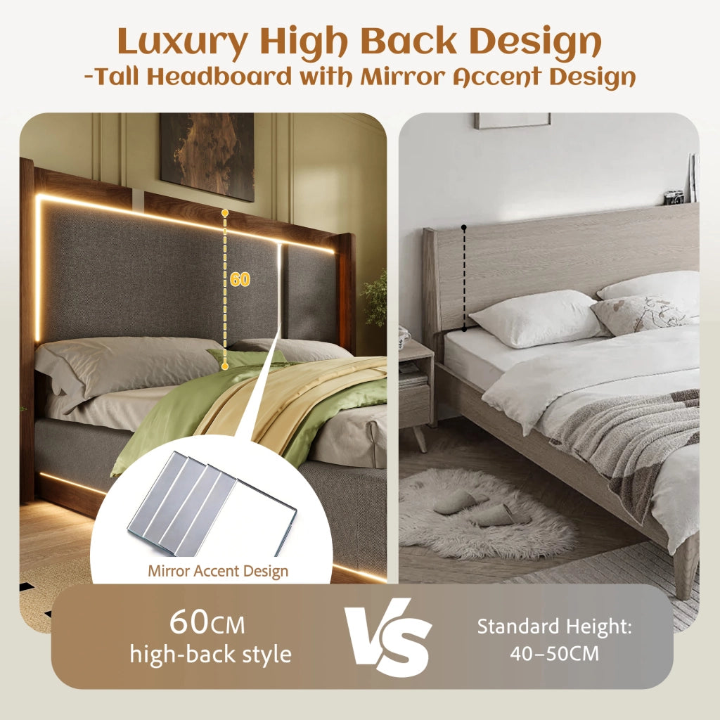 Letto con contenitore 180 ¡Á 200 cm con LED e rete a doghe in legno e metallo rivestito in lino beige e noce
