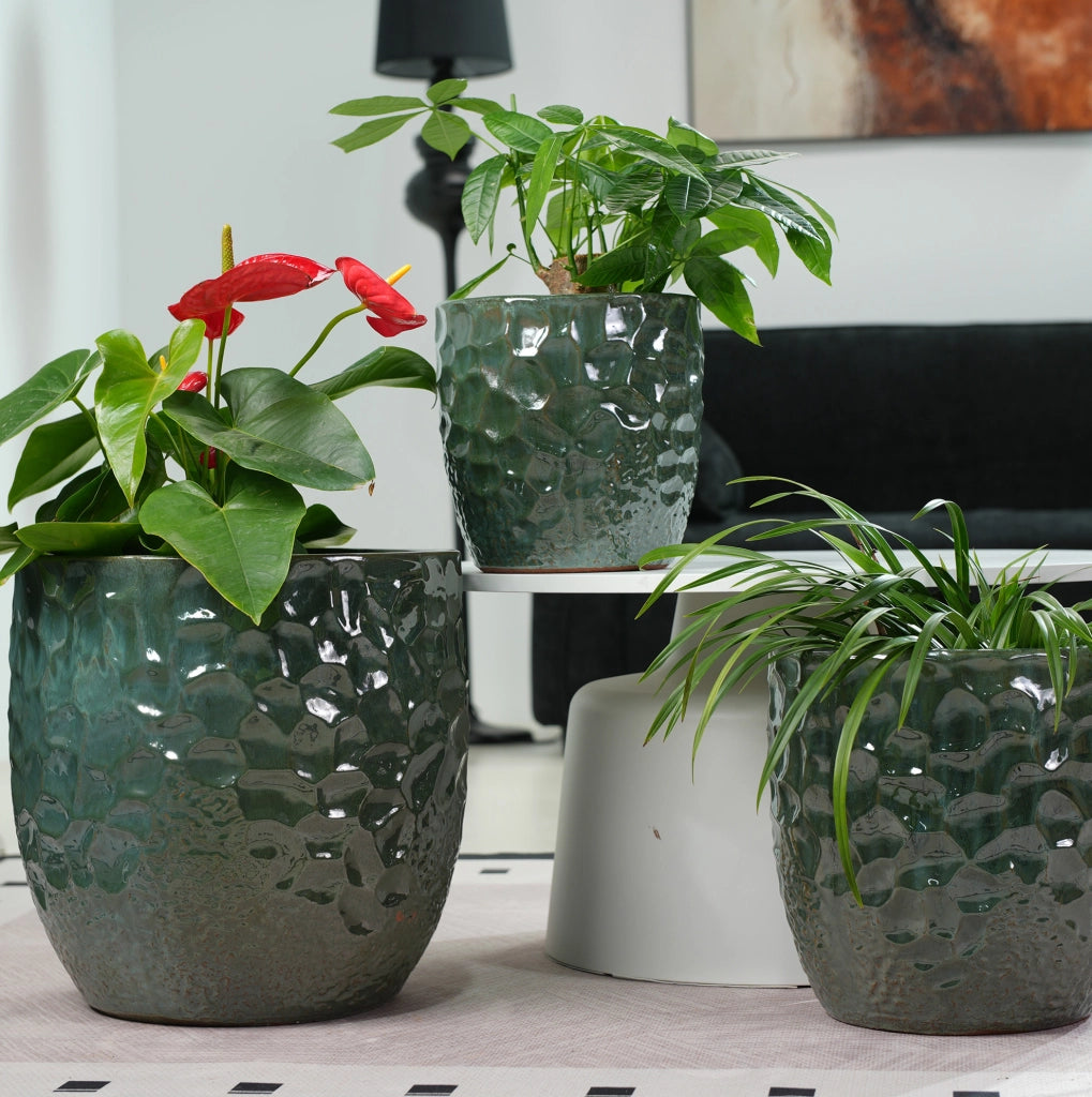 Vaso in ceramica verde scuro Ø 38 cm con rilievo e foro di drenaggio