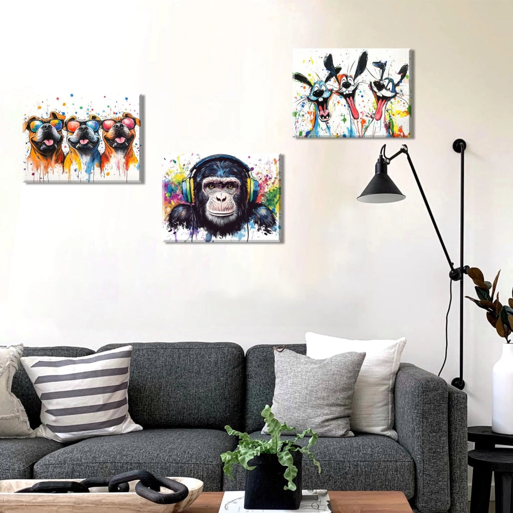 Set di 3 stampe su tela, dimensioni 30x40 cm, raffiguranti un orangutan e un cucciolo