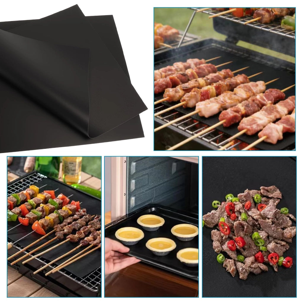Tappetino da barbecue, 2 pezzi, 40 x 50 cm, riutilizzabile, antiaderente, resistente al calore fino a 260 °C, per barbecue a carbone, a gas, incluso pennello in silicone, per forno