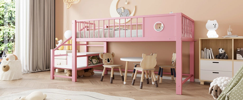 Letto a soppalco basso per bambini 90 × 200 cm con scala contenitore in metallo rosa salvaspazio