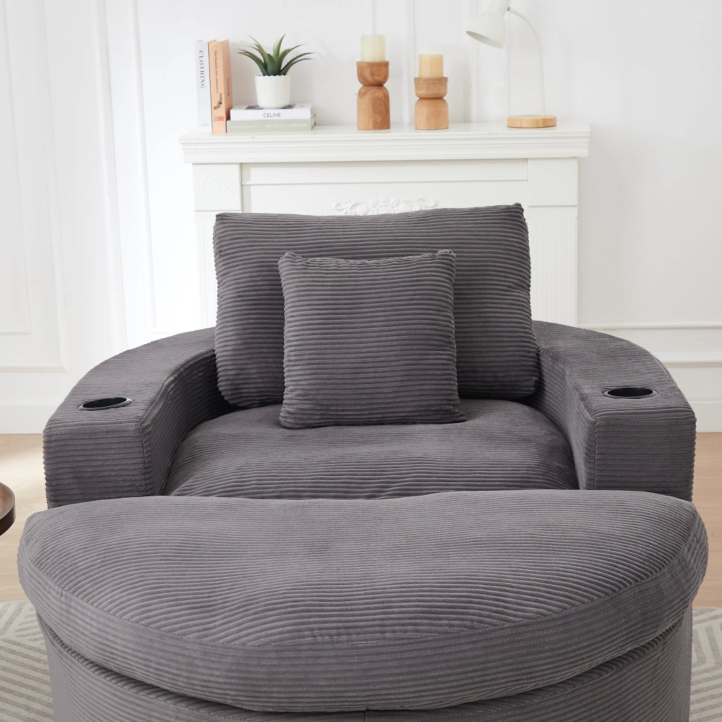 Poltrona rotonda grande con poggiapiedi; 156 × 136 × 88 cm; rivestimento in velluto a coste grigio per soggiorno
